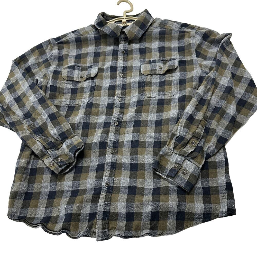American Worker Flannel Shirt Men Size L Gray Green Buffalo Plaid Button Up